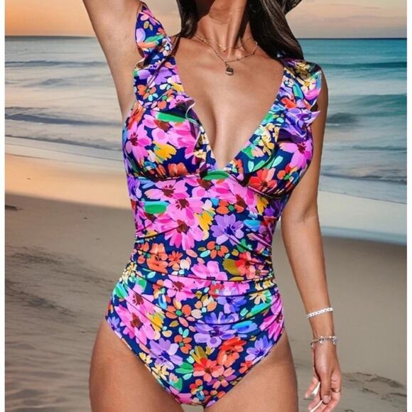 Cupshe Other - Cupshe Women Floral One Piece Swimsuit V Neck Ruffle Tie Back S NWT